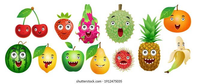 Conjunto de frutas de dibujos animados para los niños.Cerezo, fresa, fruta de dragón, durión, naranja, sandía, limón, manzana, pera, ambután, piña, banana.Vector.