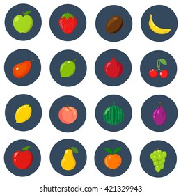 Set of cartoon fruits on the blue circle. Vector illustration.