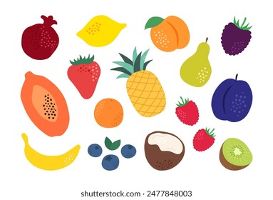 Set of cartoon fruits. Organic fruits collection in doodle style, vector illustration isolated on white background