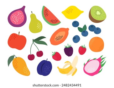 Set of cartoon fruits. Organic fruits collection in doodle style, vector illustration isolated on white background