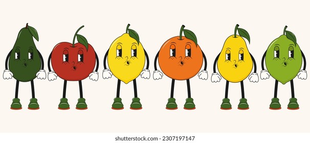 Set of cartoon fruits in trendy 60s, 70s style. Groovy hippie icons: avocado, cherry, lemon, orange, lime, pear.Vector illustration