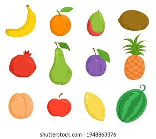 Set with cartoon fruits. Vector set of colorful fruits for kids. Vector illustration isolated on white background. Hand-drawn