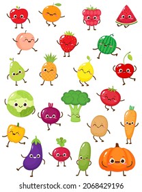 Set of cartoon fruits and vegetables. Happy food emoji collection