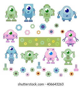 Set of cartoon fun mini robots and their components.