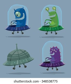 Set of cartoon funny aliens flying into deep space in small spaceships, vector illustration