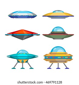 Set of cartoon funny aliens spaceships, colorful flat vector illustration