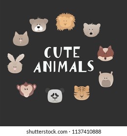Set of cartoon funny animals faces isolated on black background. Cute vector ilustration,can be used for kids greeting cards and invitations.