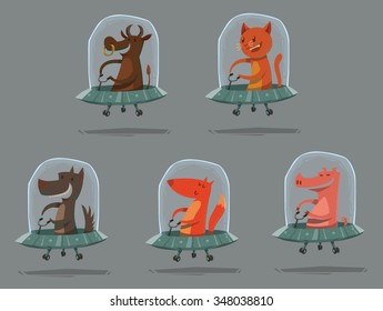 Set of Cartoon funny animals flying in spaceships, Cow, cat, dog, fox and pig, vector illustration