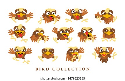Set cartoon funny birds. Collection of yellow-brown chicks with emotions on a white background. Isolated, in a flat style. Vector illustration