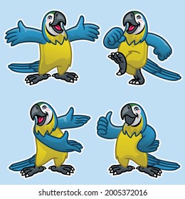 set cartoon of funny blue and gold macaw bird