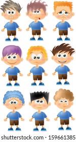Set of cartoon funny boys with emotions 