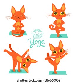 Set Cartoon Funny Cats Icons Doing Yoga Position.Cat Yoga Funny Vector. Yoga pose vector. T-shirt print design.