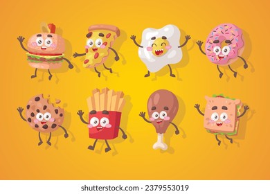 Set of cartoon funny characters. Pizza, taco, ice cream, bubble tea, donut mascot. Vintage street fast food vector illustration.