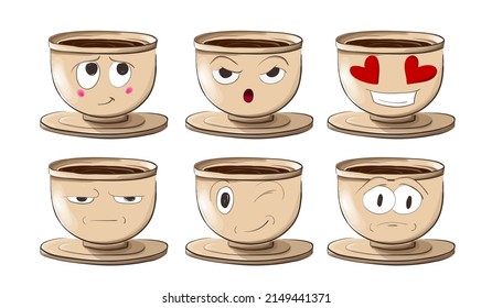 Set of cartoon funny coffee cups with different emotions. Choose your emotion set. Isolated.