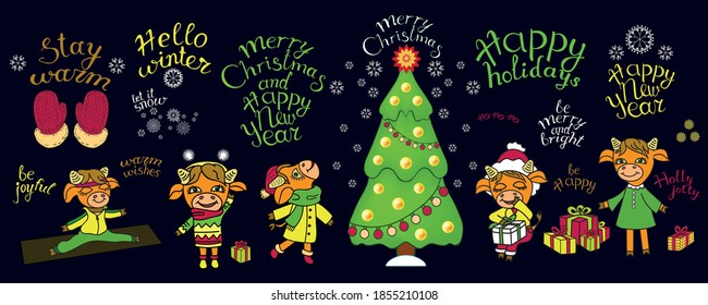 Set of cartoon funny cow girl on Winter hollydays
