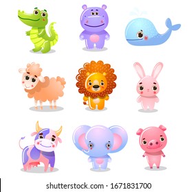 Set of cartoon funny cute animal children vector illustration