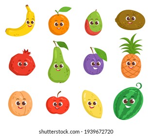 Set with cartoon funny cute fruits with eyes. Vector set of colorful fruits for kids. Vector illustration isolated on white background.