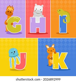 Set of cartoon funny difference english Alphabets of kindergarteners or preschool, vector illustration