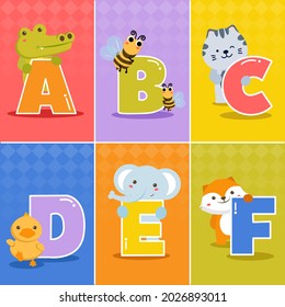 Set of cartoon funny difference english Alphabets of kindergarteners or preschool, vector illustration