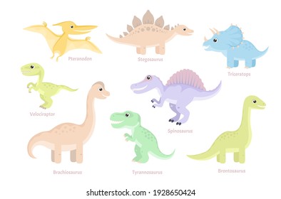 Set of cartoon funny dinosaurs isolated. Simple flat vector illustration of cute animals.Stegosaurus, Brachiosaurus, Pteranodon, Velociraptor, Tyrannosaurus, Triceratops, Brontosaurus, Spinosaurus.