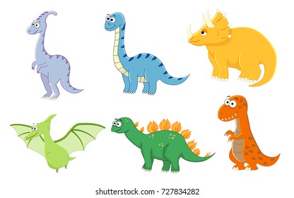 Set of cartoon funny dinosaurs. Vector illustration. Stegosaurus, diplodocus, triceratops, pterodactyl, t-rex, parasaurolophus . Dinisaurs collection.