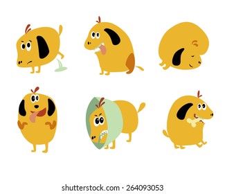 Set of cartoon funny dogs, puppy elements like stickers. Vector illustration. Isolated