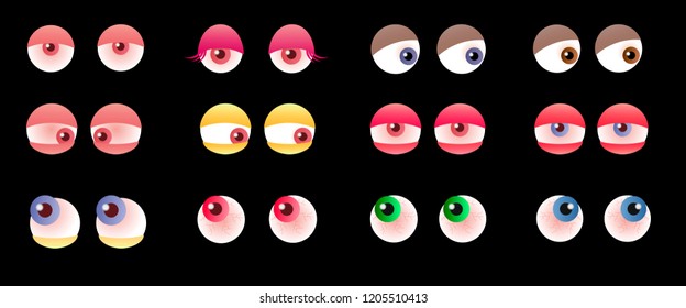 Set of cartoon and funny eyes in different emotions and states for characters and various emotional icons