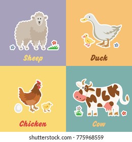 Set of cartoon funny farm animals with cow, chicken, duck and sheep. Collection of happy farming pet stickers.