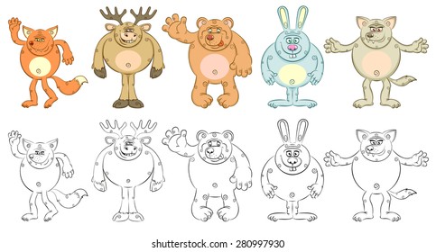 Set of cartoon funny fat animals. Bear, elk, fox, rabbit, wolf.