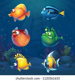 Set of cartoon funny fish in underwater world background. Marine Life Landscape with different inhabitants. For design websites and mobile phones, printing.