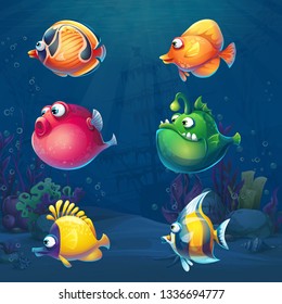 Set of cartoon funny fish in underwater world background. Marine Life Landscape with different inhabitants. For design websites and mobile phones, printing.