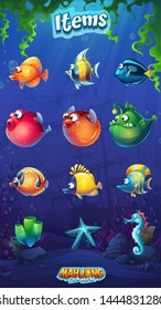 Set of cartoon funny fish in underwater world background. Marine Life Landscape with different inhabitants. For design websites and mobile phones, printing.