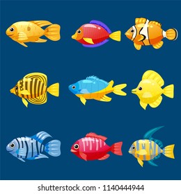 Set cartoon Funny fish vector characters. Colorful coral reef tropical fish set vector illustration. Sea fish collection isolated on white background.