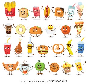 Set of cartoon funny friends -  fast food and fruits in flat style