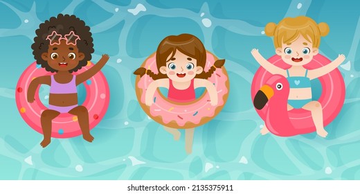 Set of cartoon funny girls with inflatable ring. Collection of adorable children in the swimming pool. Summertime vocation kids bundle.