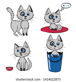 Set of Cartoon Funny gray cats isolated on the white background. Vector illustration