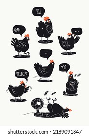 Set of Cartoon Funny Hens. Hand Drawn Simple Vector Illustration. Isolated Graphic. Cute Comic Characters.