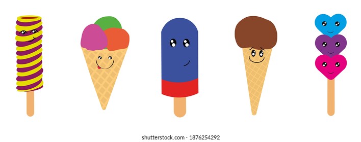 set of a cartoon funny ice creams isolate on white. ice cream cone and ice cream on a stick, eskimo pie. vector illustration