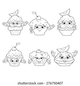 Set of cartoon funny icons of different types of cakes on white background. Coloring book.