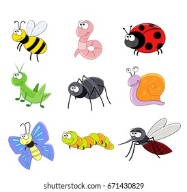 Set of cartoon funny insects. Vector illustration. Bee, worm, snail. Butterfly, caterpillar, spider, mosquito,  ladybug.