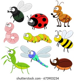 Set of cartoon funny insects. Vector illustration. Bee, worm, fly. Ant, caterpillar, mantis, rhinoceros beetle,  ladybug.