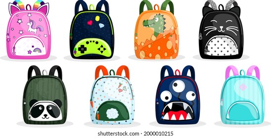 Set of cartoon funny kids backpaсk. Cute schoolbag