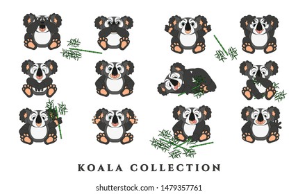 Set cartoon funny koalas. Collection of gray animals with emotions on a white background. Isolated, in a flat style. Vector illustration.