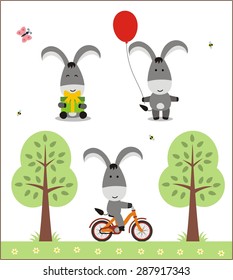 Set of cartoon funny little donkey with gift, balloon and on bicycle.