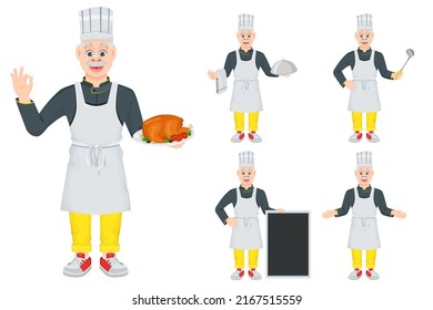 Un grupo de caricaturistas chef que sostiene varios artículos en su mano. Un viejo chef sonriente, con un fondo blanco. Ilustración vectorial para menús, juegos o banners.