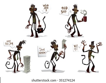 Set of Cartoon funny monkeys doing business job. They are trying to do business job but do it not well. made in triangle style. vector illustrations