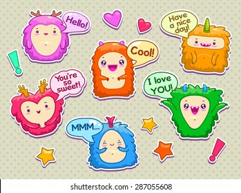 Set of cartoon funny monsters with speach bubbles