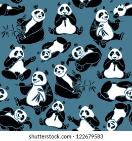 Set of cartoon funny panda on a blue background. Vector seamless animal pattern.