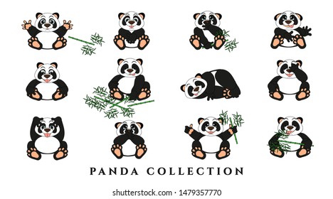Set cartoon funny pandas. Collection of gray animals with emotions on a white background. Isolated, in a flat style. Vector illustration.