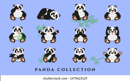 Set cartoon funny pandas. Collection of gray animals with emotions on a blue background. Isolated, in a flat style. Vector illustration.